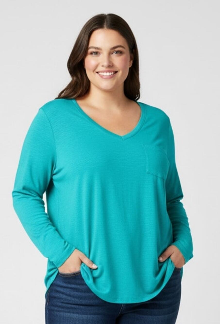 Ana Women 1x Teal Cotton Slub Lightweight Pocket Long Sleeve Classic T-shirt
